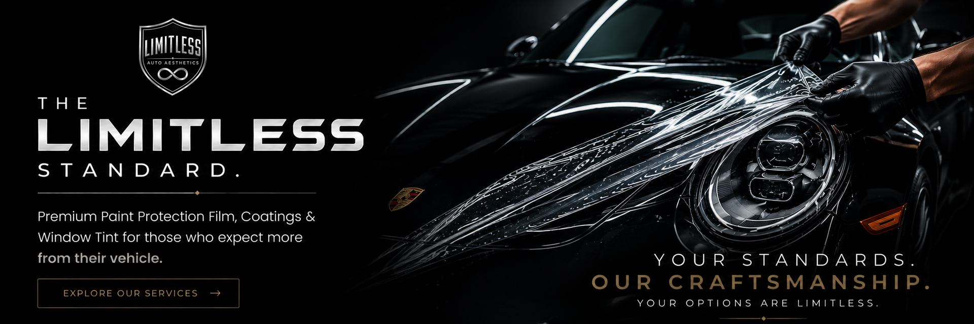 Black sports car ad with glowing headlights and the text “The Limitless Stand” and “Your standards, our craftsmanship.”