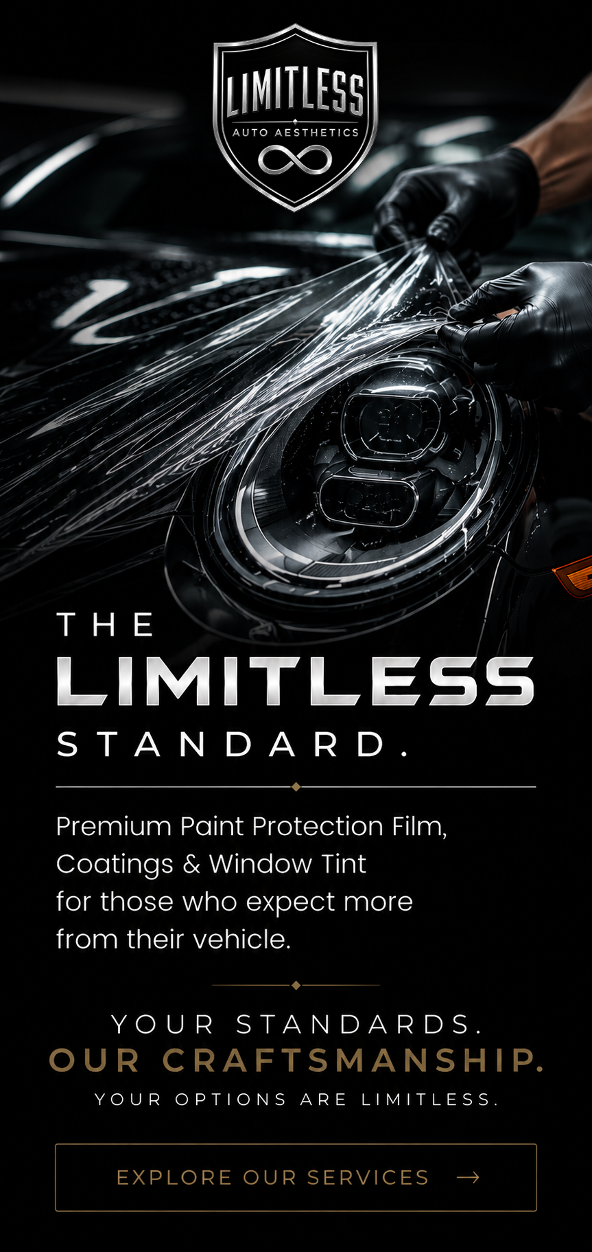 Luxury car wax ad with glossy black surface, bottle at top, and text The Limitless Standard.