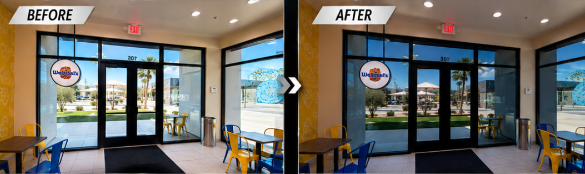 Before-and-after view of a storefront entrance with brighter lights and a darker tint on the right