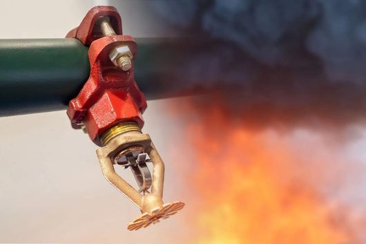 A fire sprinkler is spraying water on a pipe next to a fire.