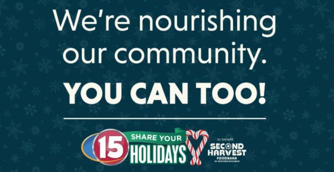 Ad promoting Share Your Holidays campaign by Second Harvest food bank. Text reads We're nourishing our community. YOU CAN TOO! with a holiday theme.