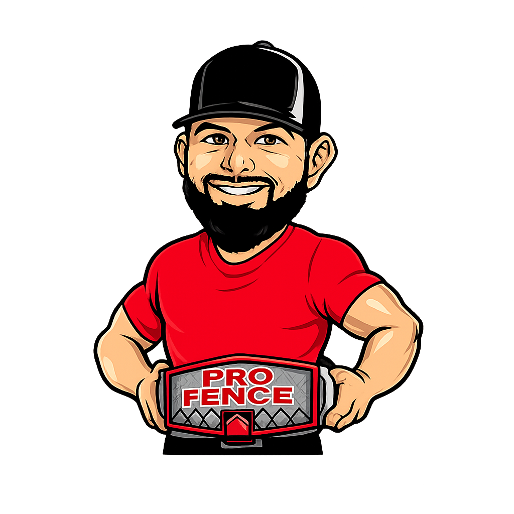Cartoon man in a black cap and red shirt holding a PRO FENCE sign