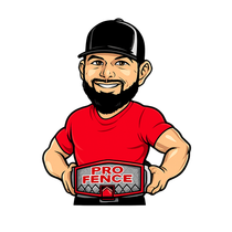 Cartoon man in a black cap and red shirt holding a PRO FENCE sign