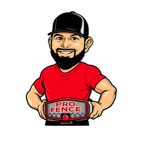 Cartoon man in a black cap and red shirt holding a PRO FENCE sign