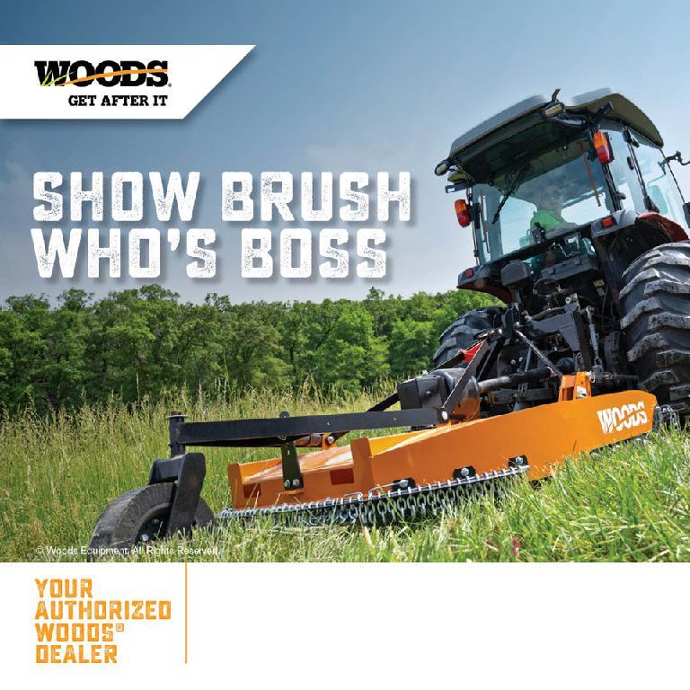 An advertisement for a brush mower that says Show Brush Who's Boss