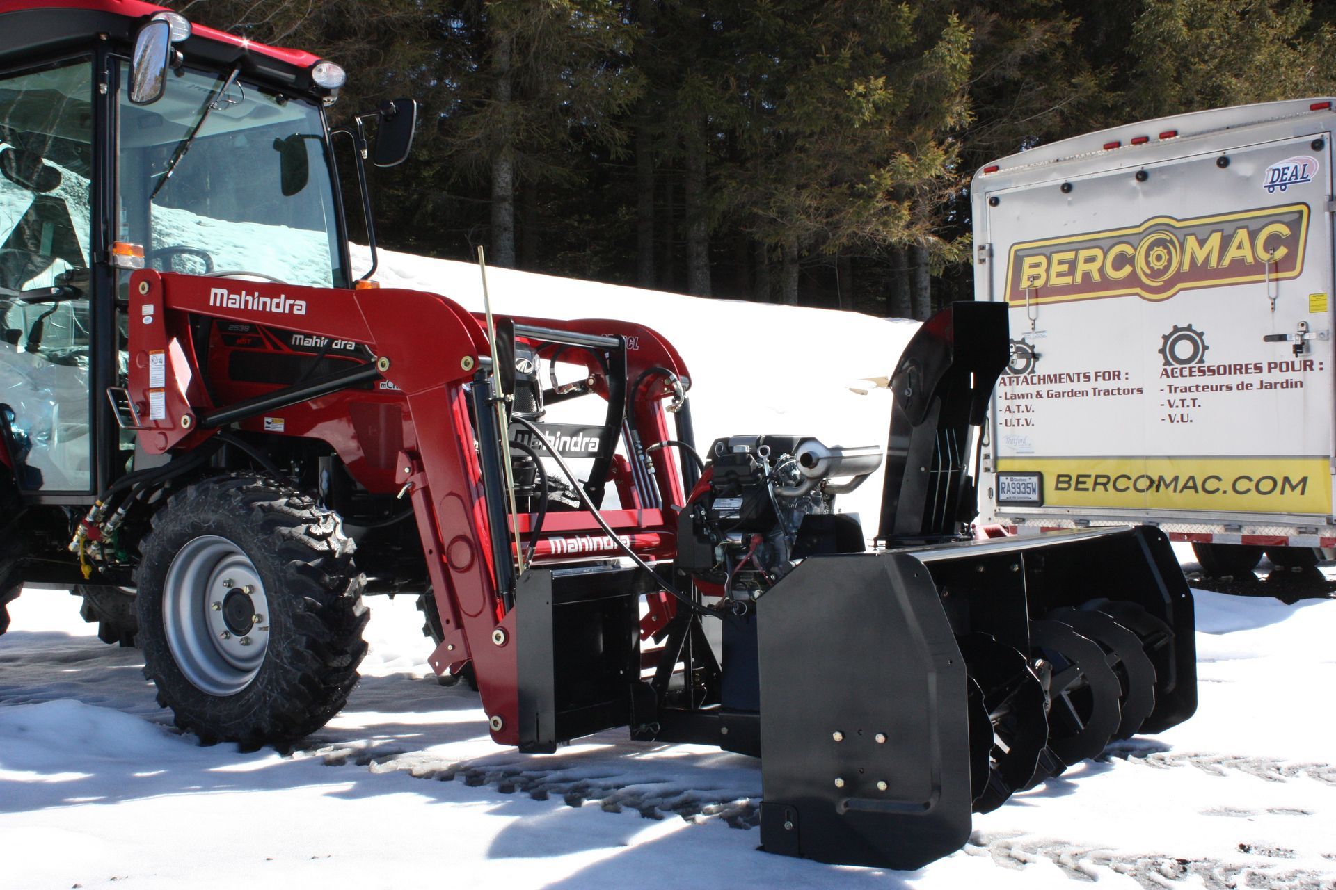 A red tractor with a snow blower 72″ VANTAGE SNOWBLOWER FOR TRACTORS EQUIPPED WITH