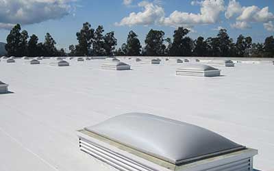 A white roof with a lot of skylights on it.