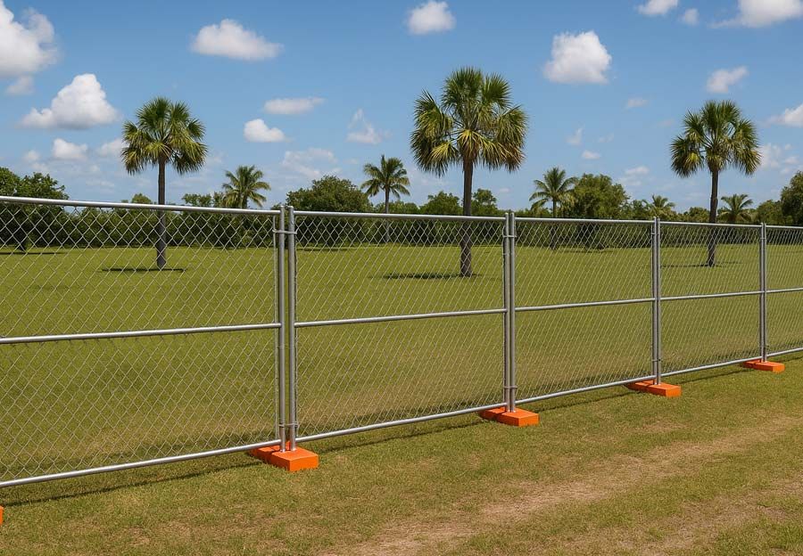 Chain-link fence on green grass, orange bases, with palm trees and blue sky with clouds in background.