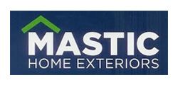 Logo for Mastic Home Exteriors; navy background, white text, green roof icon.