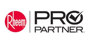 Rheem Pro Partner logo in red, black, and white with checkmark emblem