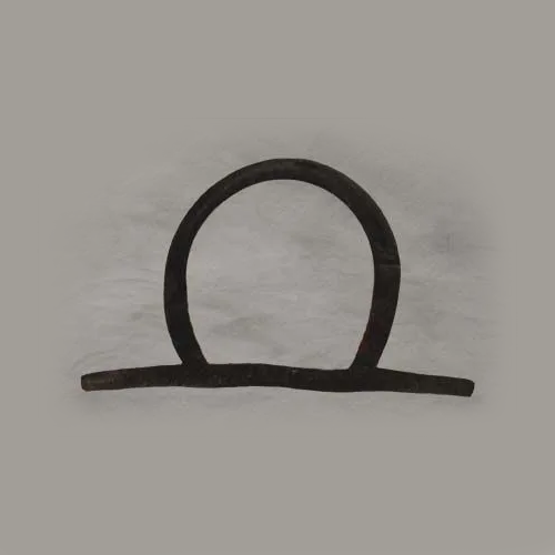Black looped shape on a gray background, resting on a horizontal line