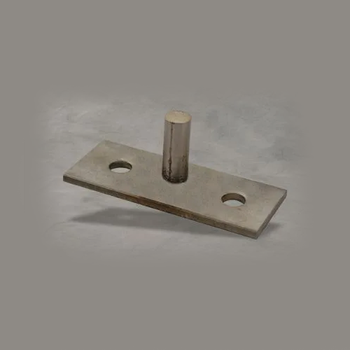 Metal mounting plate with two holes and a welded vertical cylinder on a gray background
