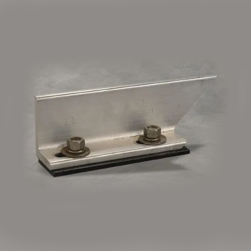 Metal bracket with two bolts and nuts on a black base against a gray background