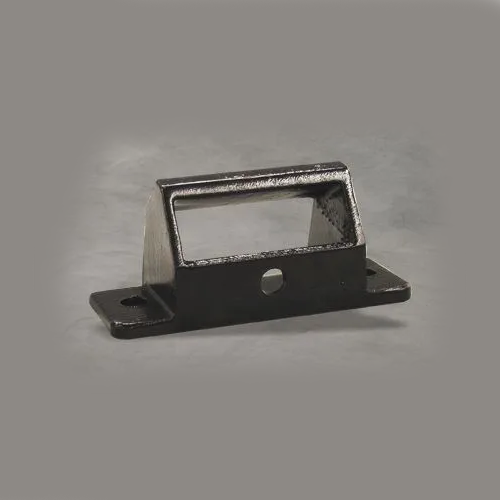Black metal mounting bracket with two bolt holes and a rectangular opening on a gray background