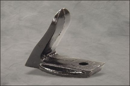 Black metal right-angle bracket with a curved upright flange and a mounting hole on a gray background
