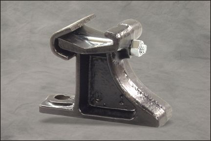 Metal clamp bracket with a bolt, shown on a gray background