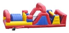 A red, yellow, and blue inflatable obstacle course on a white background.