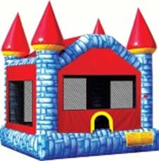 A red and blue bouncy house with red towers on a white background.