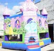 A pink and purple bouncy house with princesses on it is parked in front of a building.
