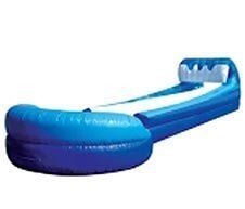 A blue and white inflatable water slide on a white background.