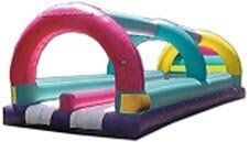 A colorful inflatable water slide with two arches on a white background.