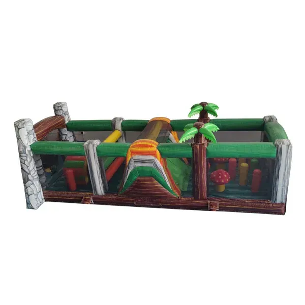 A large inflatable obstacle course with a tree and a slide.