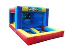 A blue and yellow bouncy house with a pool in the middle.