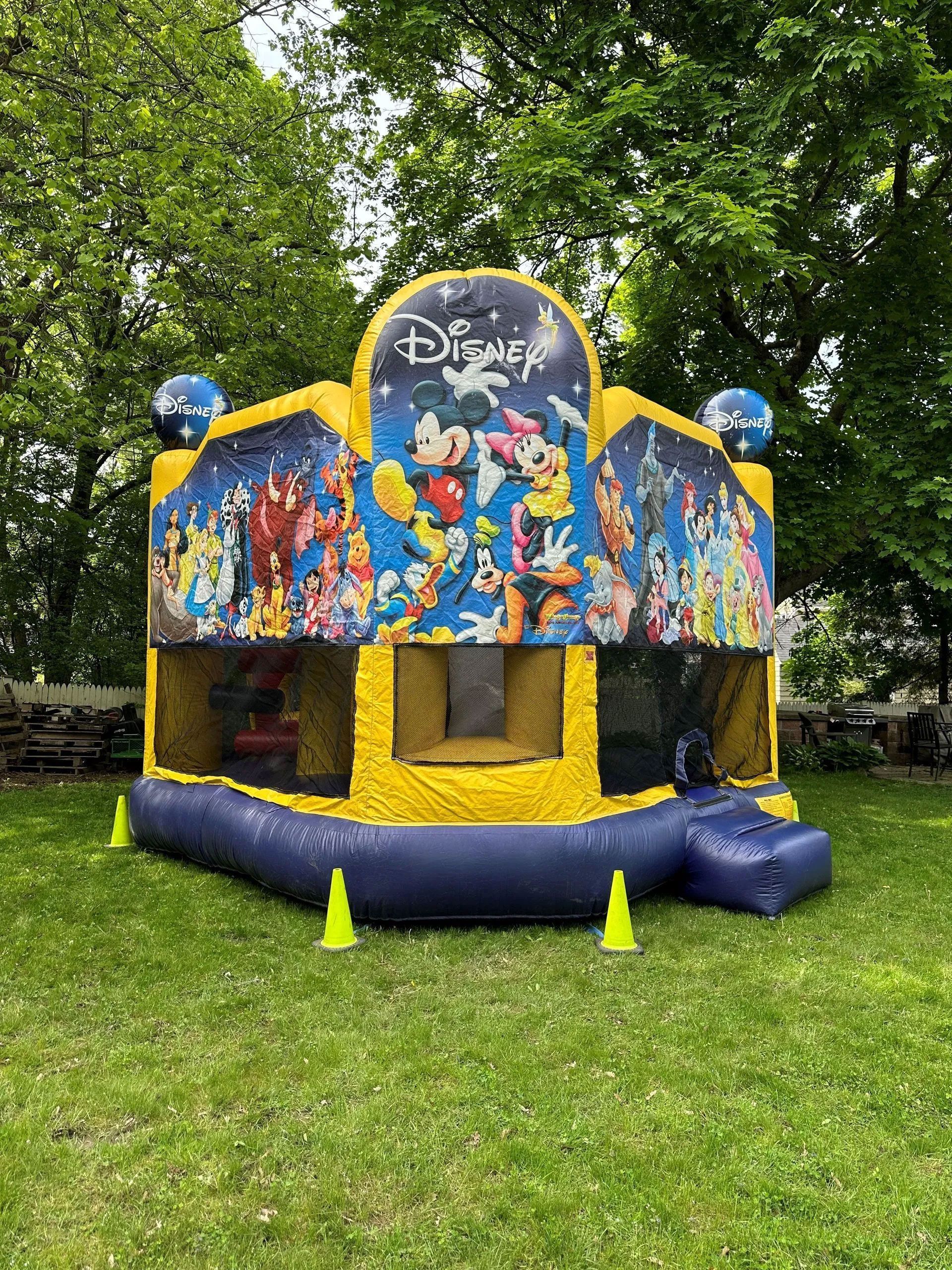 A Disney bouncy house is sitting on top of a lush green field.