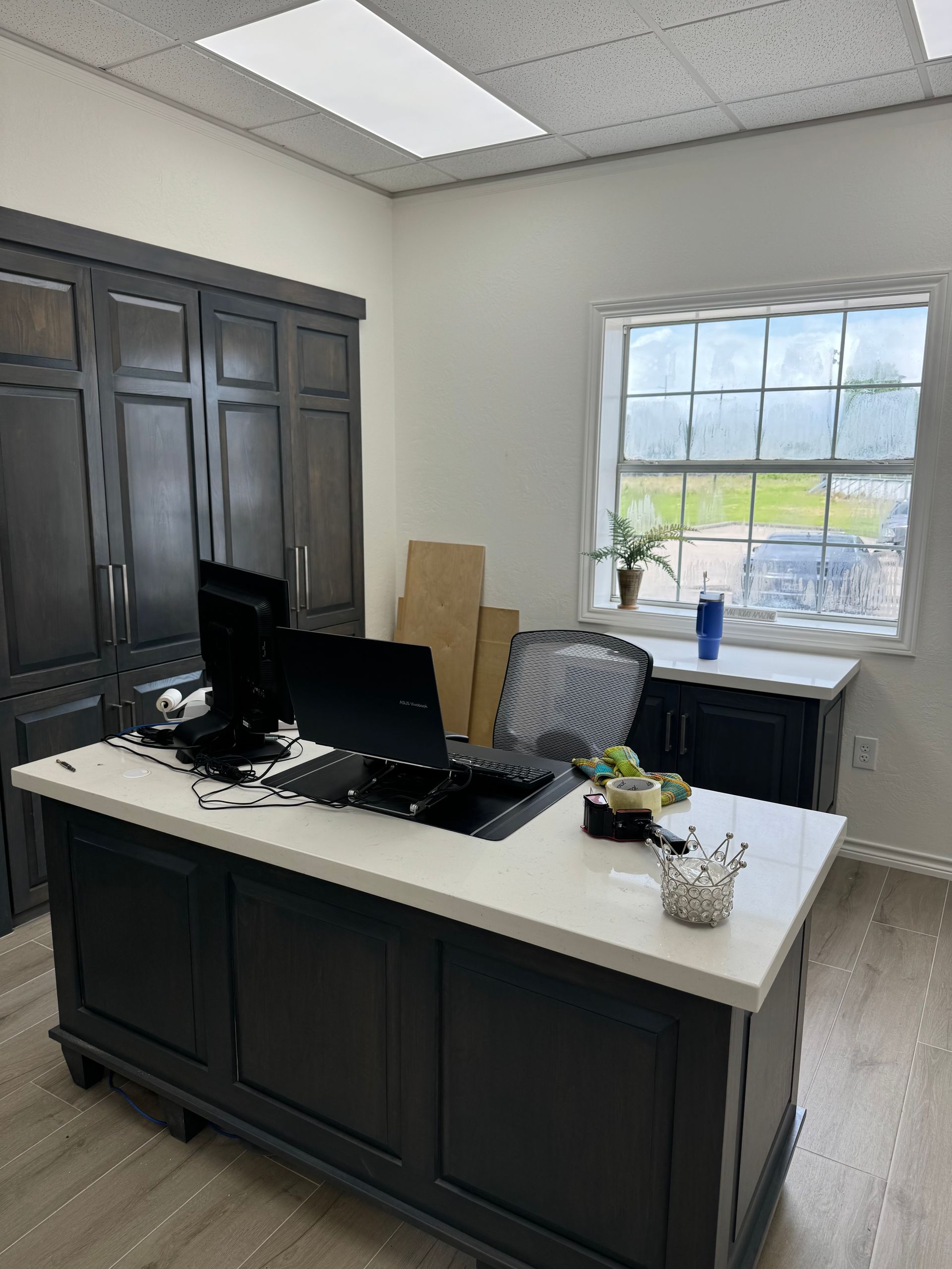 Office with dark cabinets, white desk, open laptop, and a window with plants and daylight.