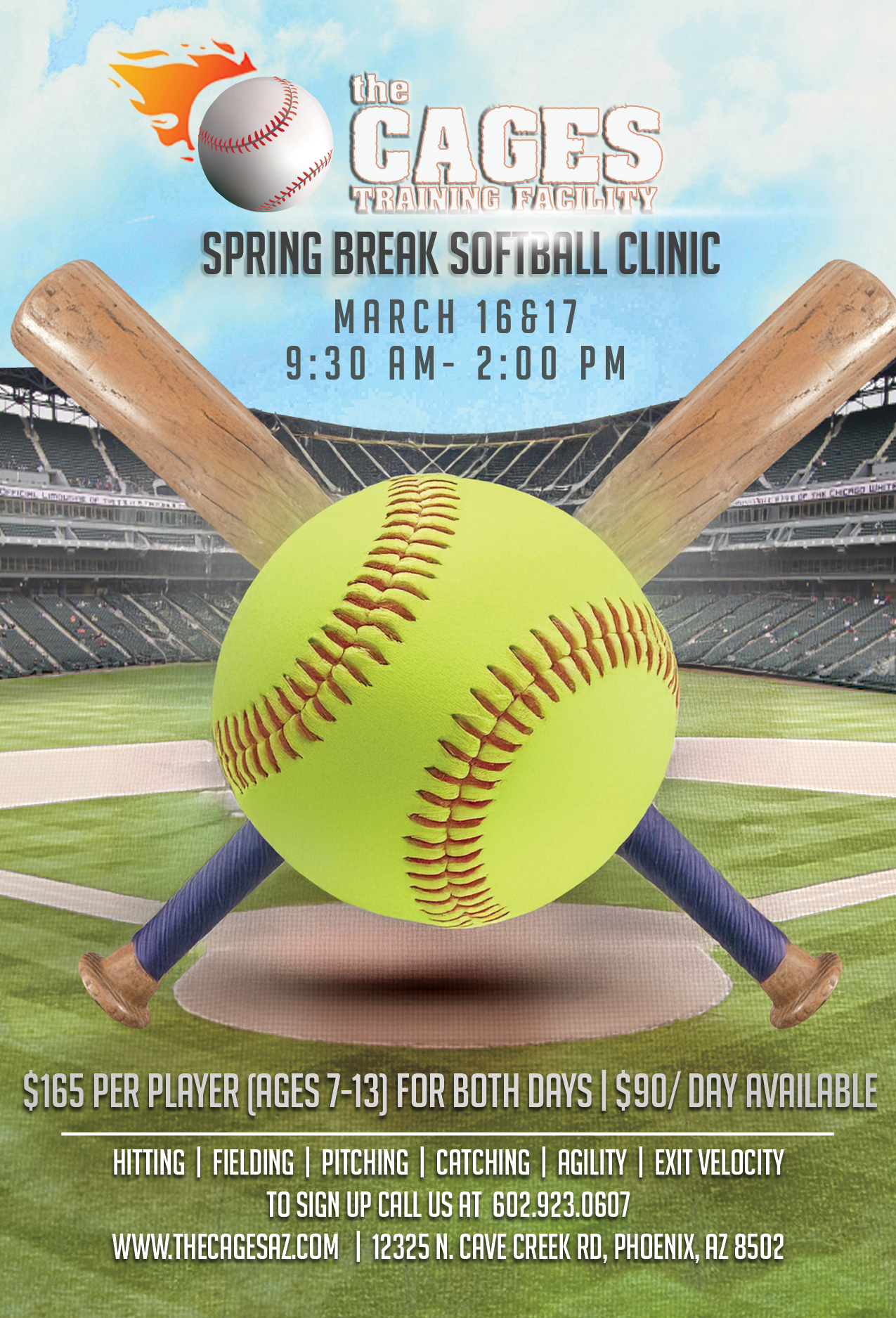 Winter softball clinic flyer softball and glove with snow. Dates: Dec 22-23, 5:30am-2pm. Get ready for the spring season.
