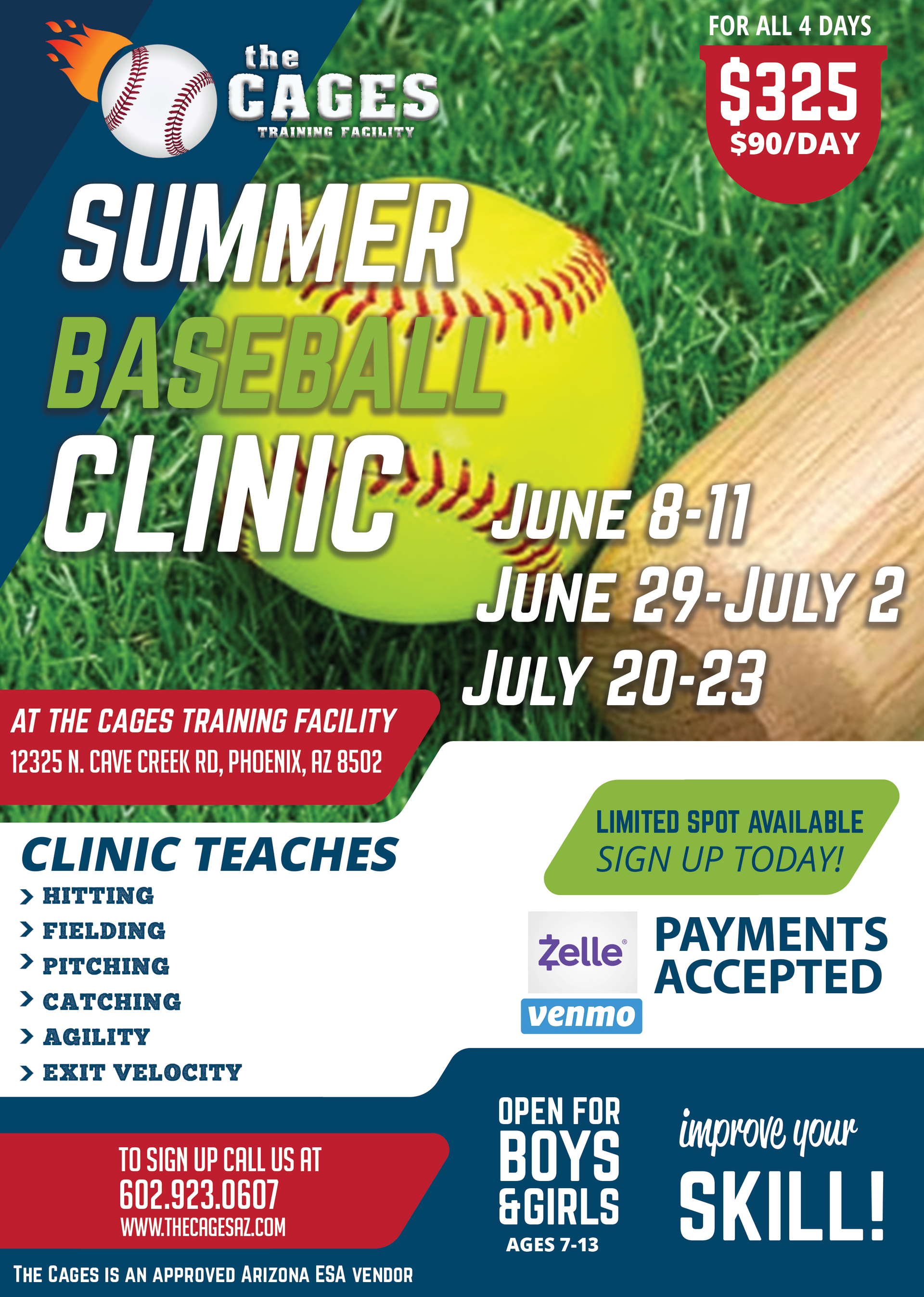 Flyer for The Cages summer baseball clinic with dates, pricing, facility location, and contact information.