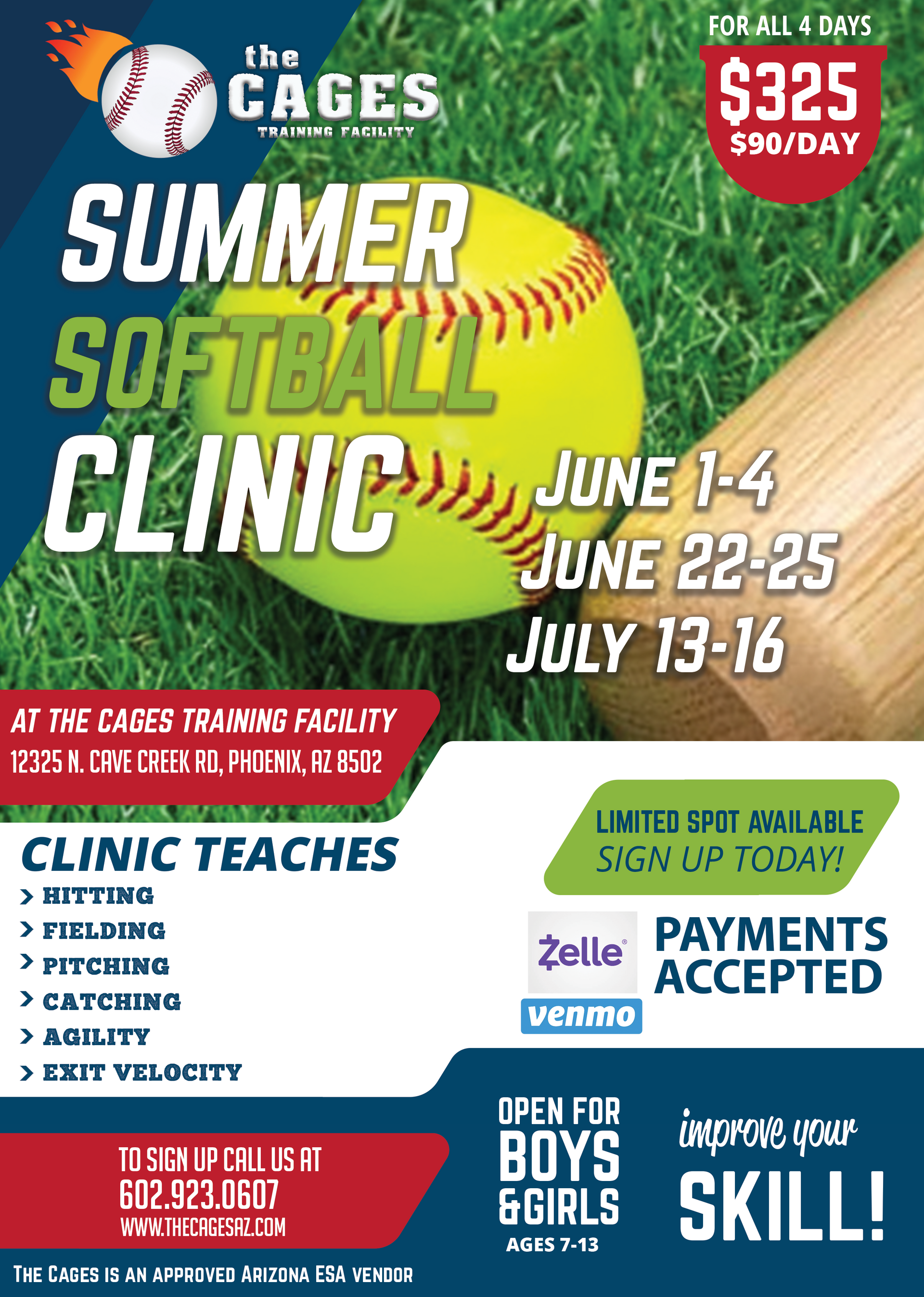 Flyer for The Cages Summer Softball Clinic in Phoenix, AZ, detailing sessions, pricing, and sign-up information.