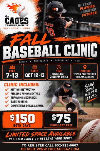 Fall baseball clinic flyer with black-orange design, dates, times, pricing, and player training details.