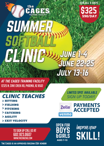 Flyer for The Cages Summer Softball Clinic in Phoenix, AZ, listing session dates, pricing, skills taught, and contact info.