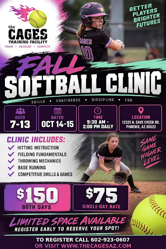 Fall softball clinic flyer with batter, dates Oct 14-15, times, skills list, and $150/$75 pricing