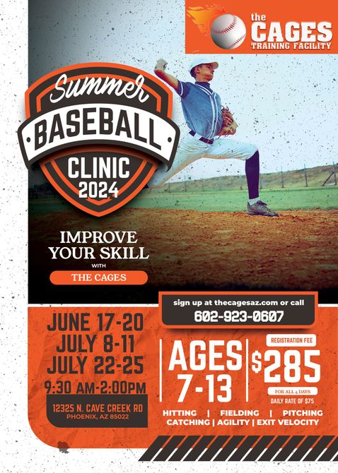 A poster for a summer baseball clinic in 2024