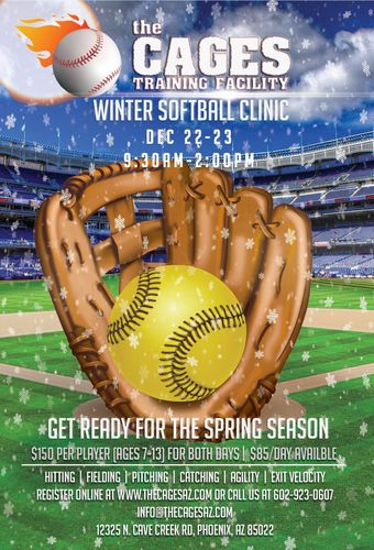 Winter softball clinic flyer softball and glove with snow. Dates: Dec 22-23, 5:30am-2pm. Get ready for the spring season.