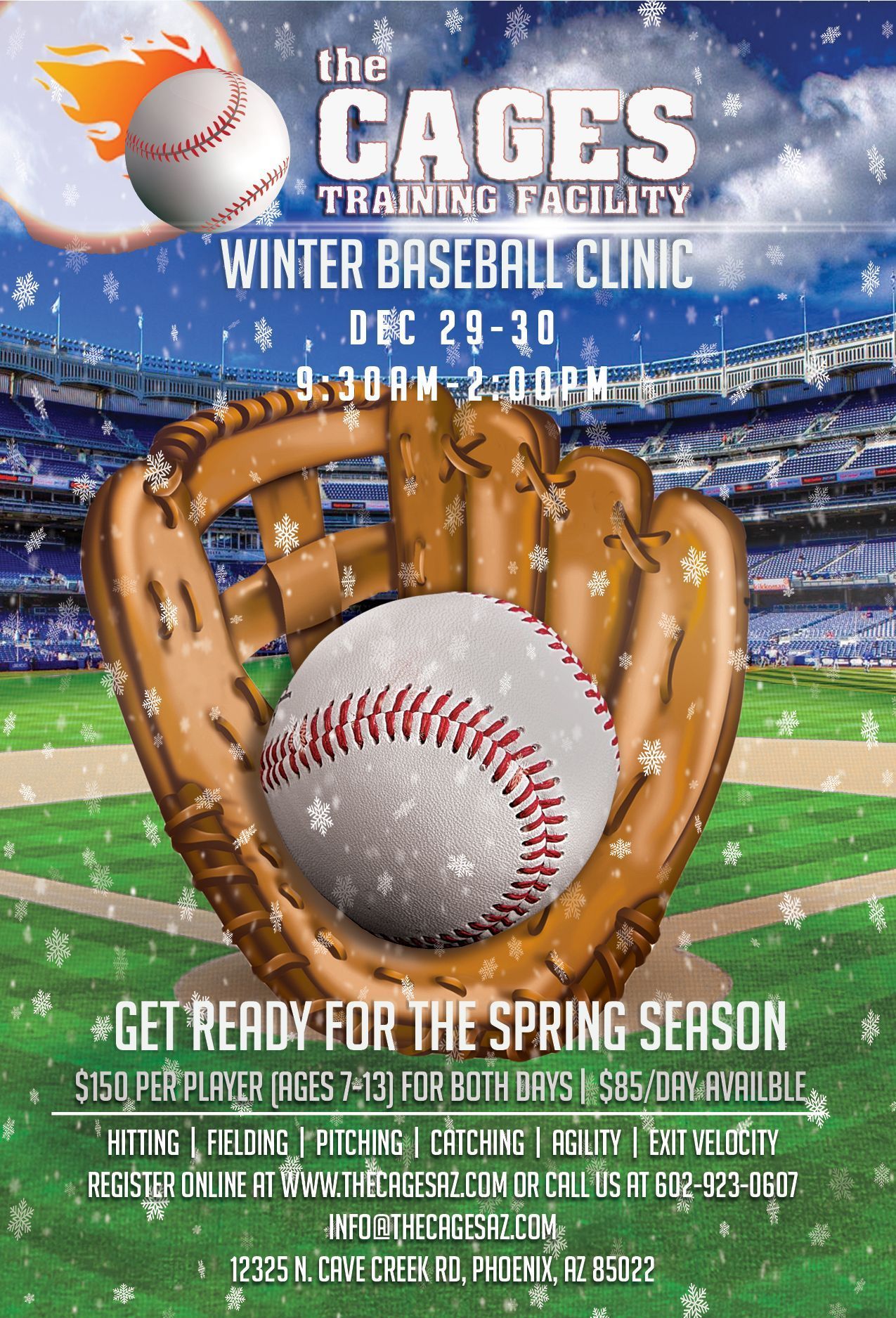 Poster for The Cages winter baseball clinic. Features a baseball, glove, and stadium background. Clinic dates Dec 29-30, 5:30AM-2:00PM.