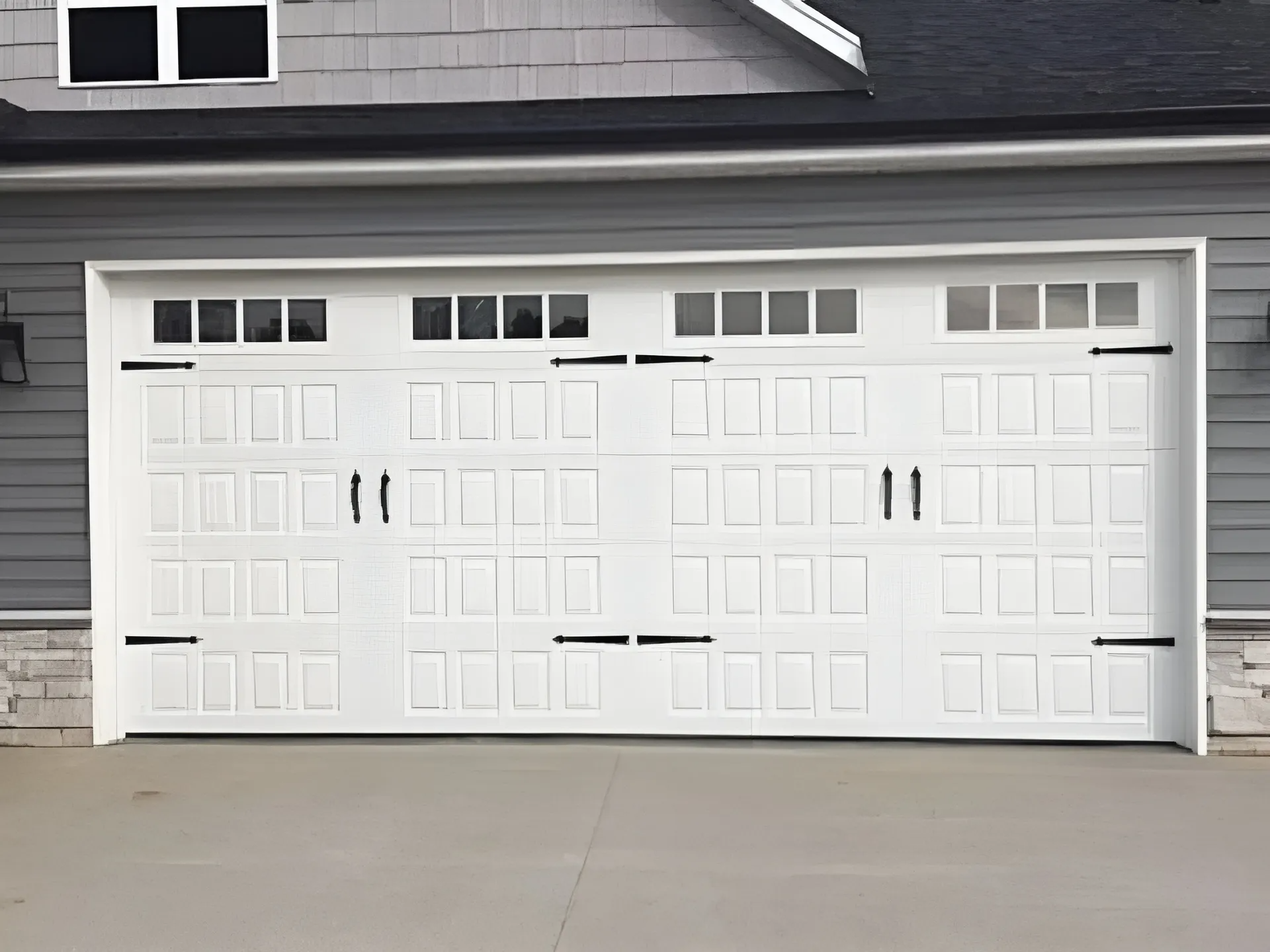 White garage door with windows, set in a gray house with a concrete driveway.