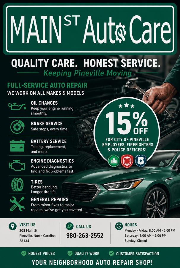 Main St Auto Care promo poster with services, 15% off, and green sports car under a dark background