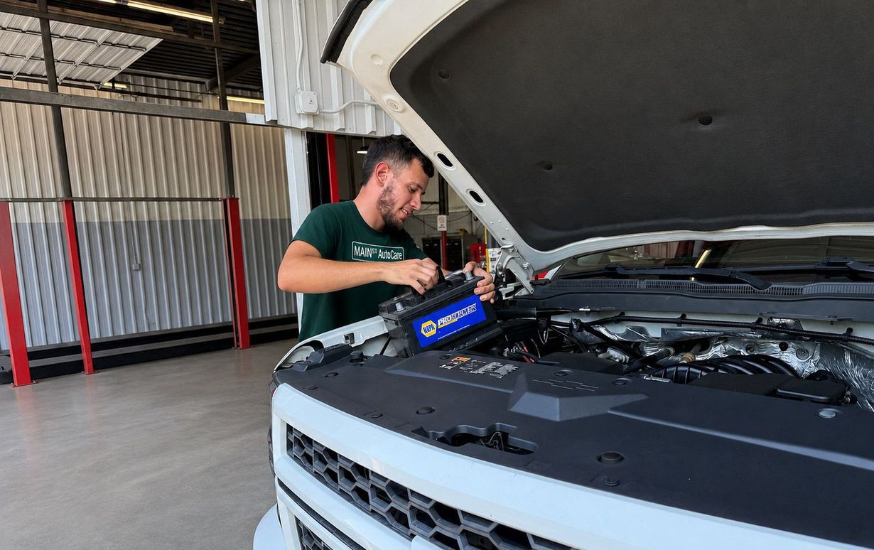 Mechanic working under an open hood of a white Chevrolet truck in a garage