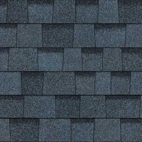 Dark blue asphalt roof shingles.