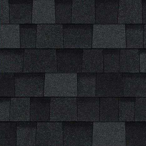 Dark gray asphalt shingles in a brick-like pattern.