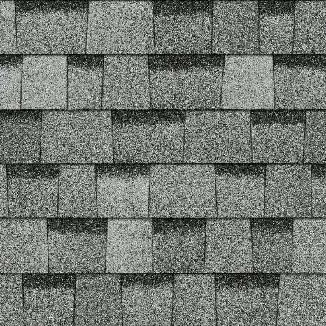 Gray asphalt roofing shingles in a repeating pattern.