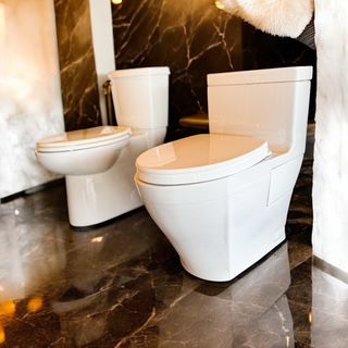 Two white toilets are sitting next to each other in a bathroom.