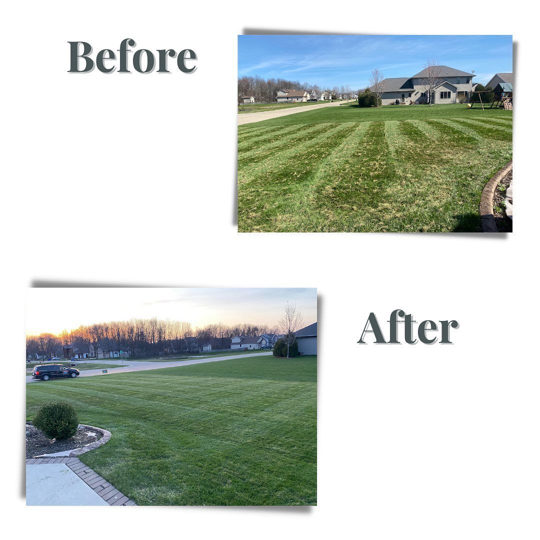 A before and after picture of a lawn with a house in the background.