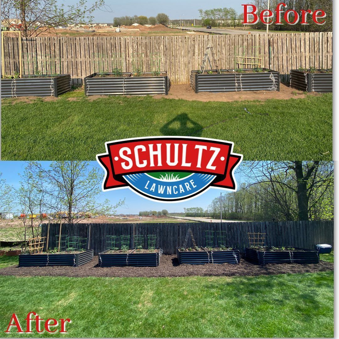 A before and after picture of a schultz lawncare lawn