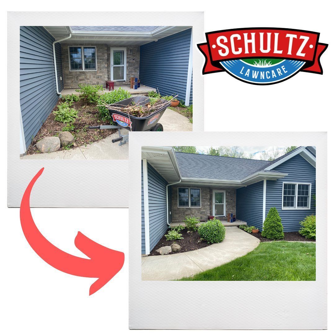 A before and after picture of a schultz lawn care house
