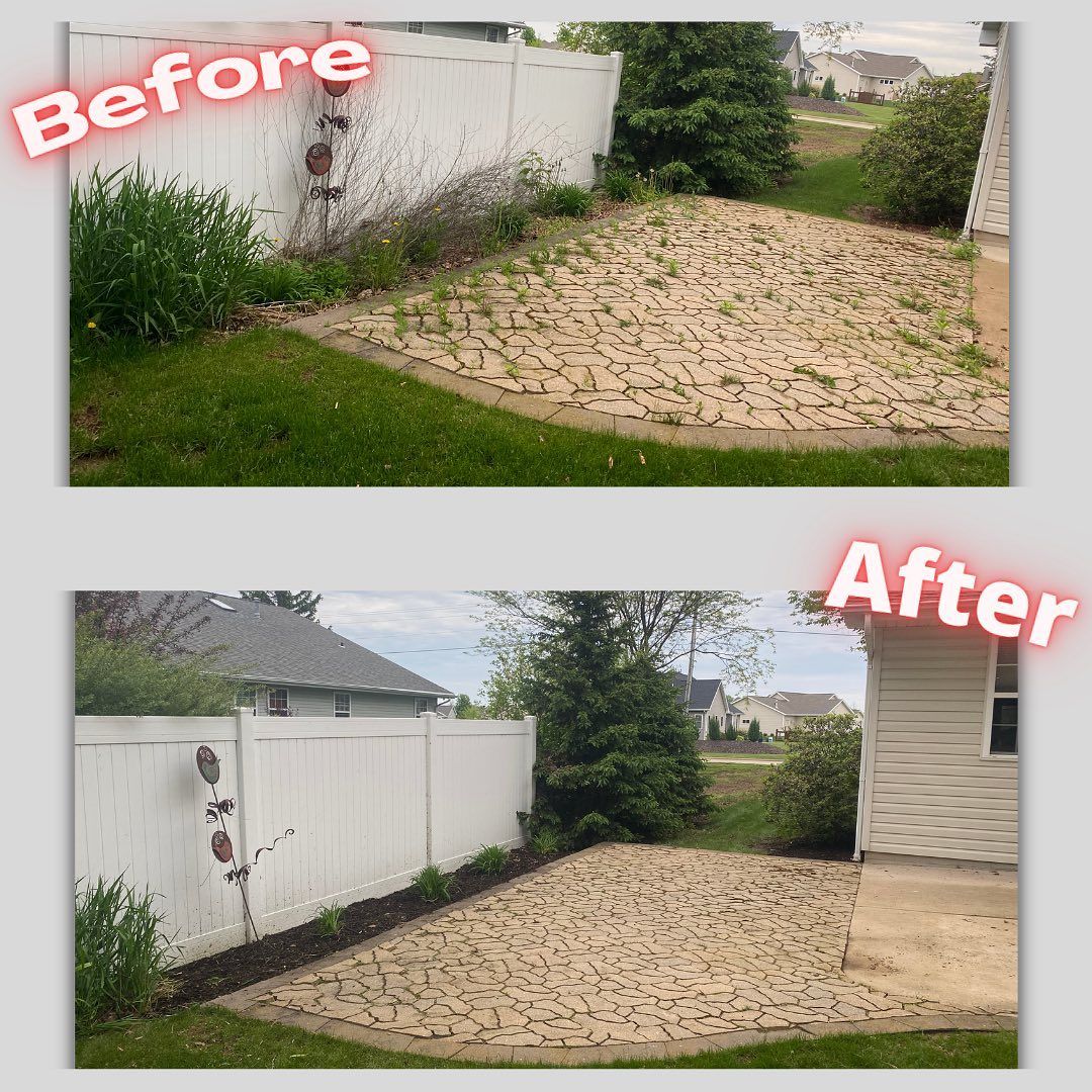 A before and after photo of a backyard with a white fence