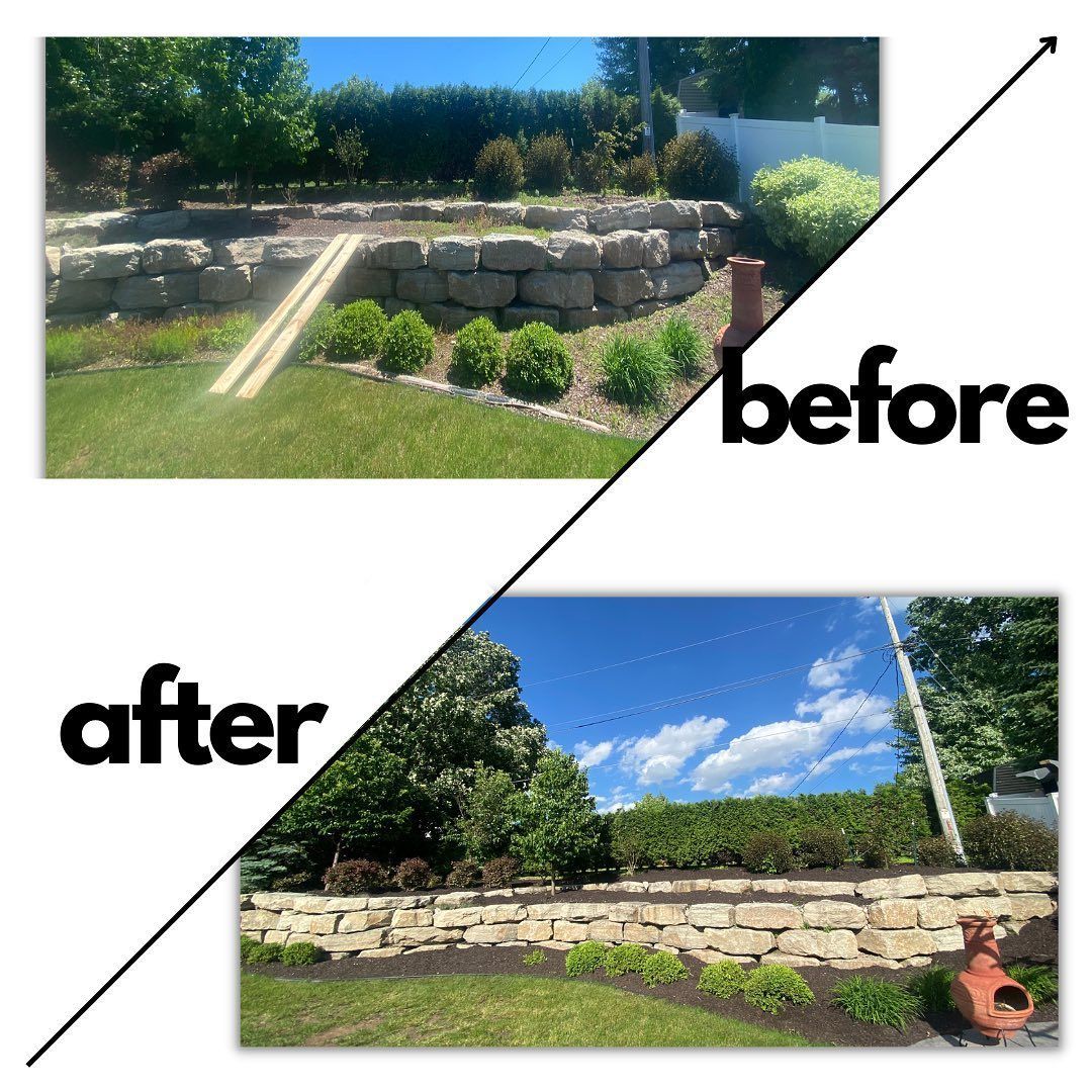 A before and after picture of a lawn and a stone wall